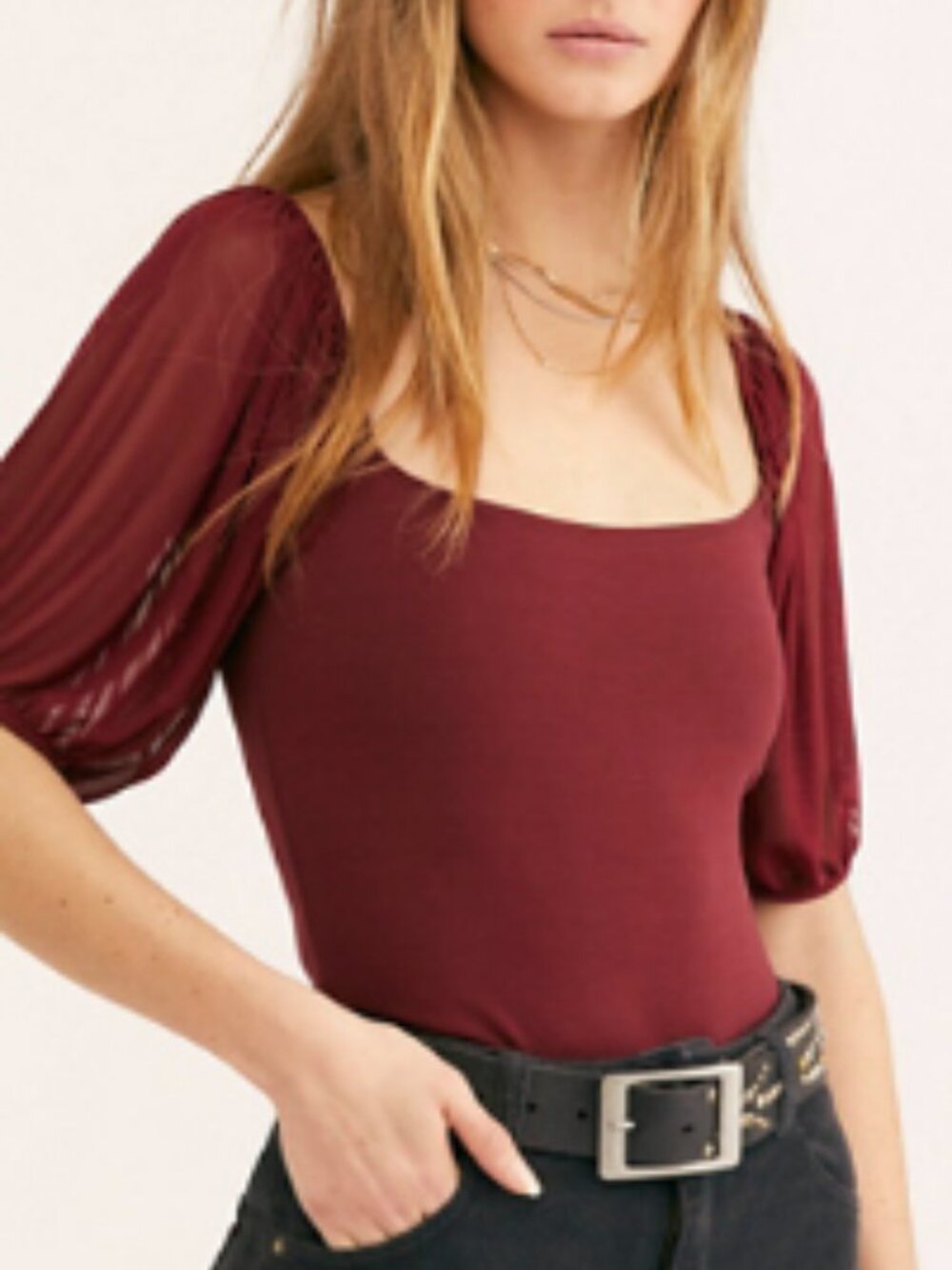 free people intimately puff sleeve cami top shirt mesh tulle burgundy xs wine